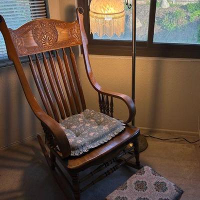 As167 vintage rocking chair footstool, and brass floor lamp