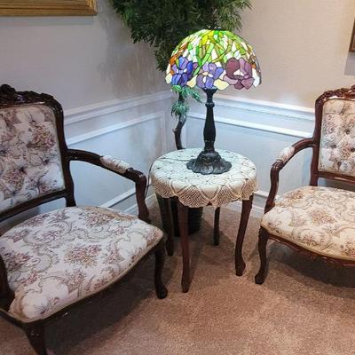 Queen Anne armchairs and side table