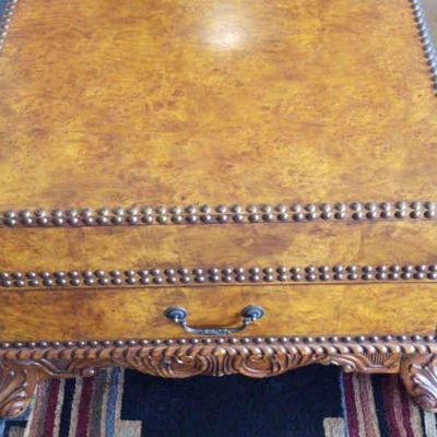 Gorgeous stately burlwood coffee table with nail heads