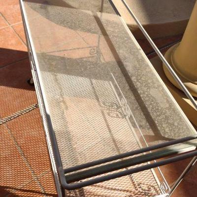White wrought iron serving cart shelf unit