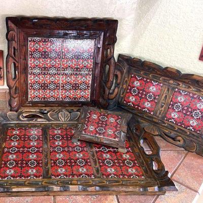 Vintage mexican carved wood tile trays trivet