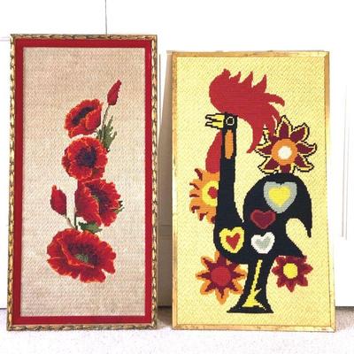 Vintage stitchery needlepoint wall hangings