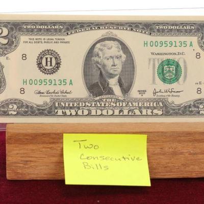 2 consecutive serial numbers $2 bills