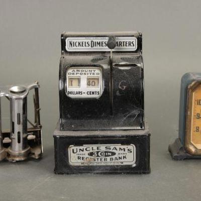 Vintage bank, money changer, clock