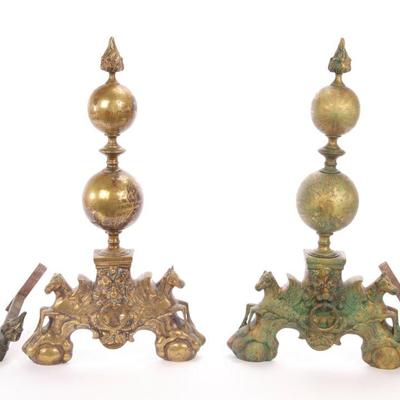 Antique andirons- lion and pegasus