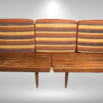 Mid-Century Modern Slat bench (2 pc) with 3 cushions