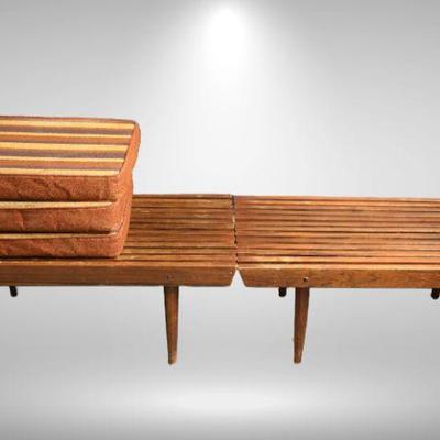 Mid-Century Modern Slat bench (2 pc) with 3 cushions
