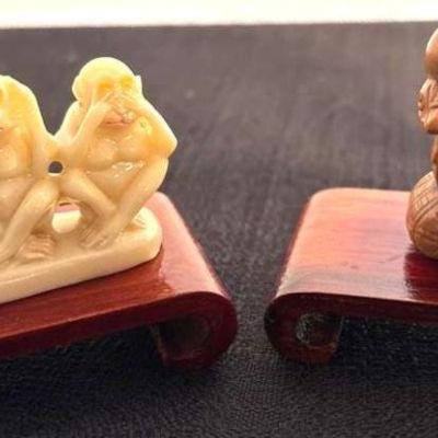 Antique japanese netsuke hear speak, see no evil & a man
