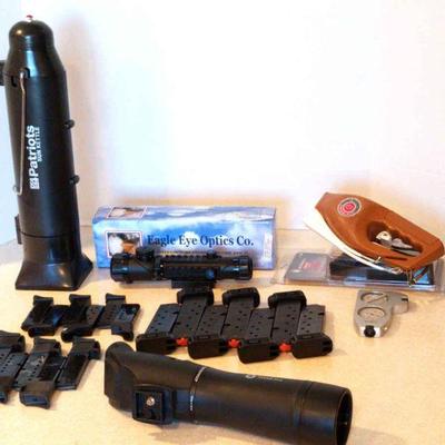 Spotting rifle scopes, gun cartridges compass & sun kettle