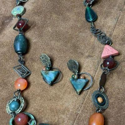Chunky necklace glass metal & stone beads with earrings