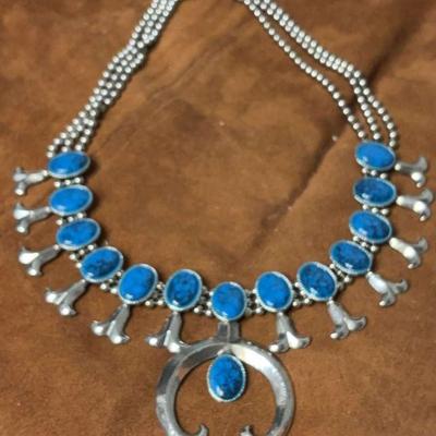 Faux turquoise squash blossom style necklace