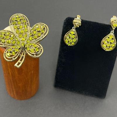 5 Vintage Lime Rhinestone 5 Petal Brooch & Drop Earrings