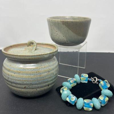43 Two Signed Pottery Vessels & Glass Bracelet