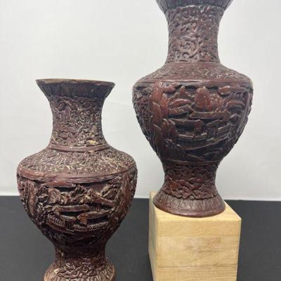 81 Near Pair of Finely Carved Cinnabar Vases
