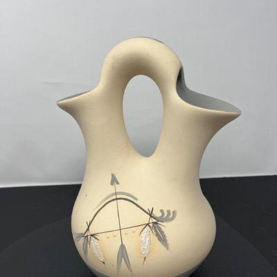 53 Signed Grey Feather Southwest Stoneware Wedding Pitcher
