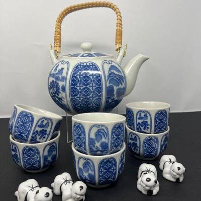 78 OMC Blue White Japan Tea Set & Chopstick Rest Figures