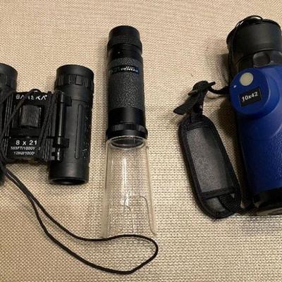 Cali-Optics 10x42 waterproof monocular with range finder & compass; Pentax 7x12 Monocular with 60X microscope attachment, Barska 8x12...