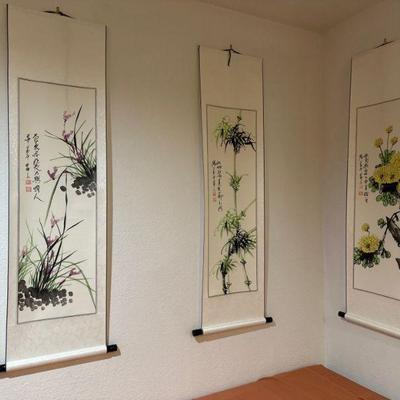 “Four Gentlemen” aka Four Noble Ones - classic theme of Chinese Art watercolor on silk.  Each panel is 56x15
Orchid, Bamboo,...