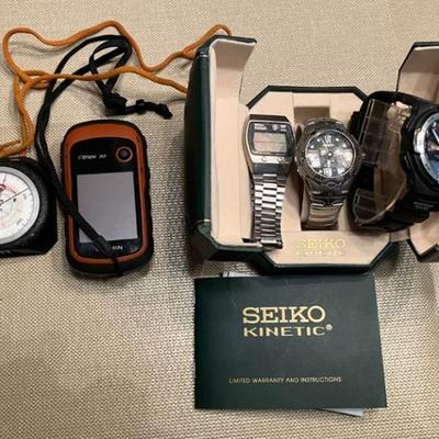 Peet Bros - mountaineering altimeter
West Marine 150 VHF submersible marine radio;
Garmin eTrex 20 GPS, 
Men's Seiko kinetic...
