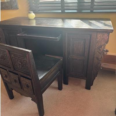 Unique Indonesian Balsa Wood Hand carved desk with matching chair with storage drawers