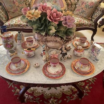 Vintage Victorian Italian Capodimonte porcelain flower arrangement and Bavarian tea set