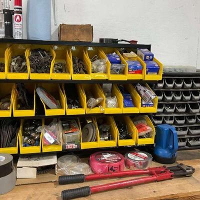 Organizers with hardware tools, and accessories with wooden workbench
