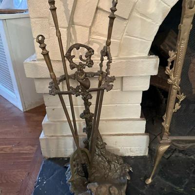 Antique Bronze Fireplace Tools | Antique bronze fireplace tools with ornate details. - h. 27 x w. 11 x d. 10 in

