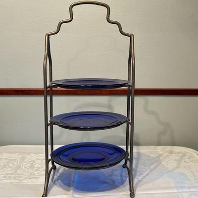 Godinger Silverplate 3-Tier Stand | Vintage Godinger silverplate three-tiered desert/plate stand with blue plates. - h. 19.75 x w. 9 x d....