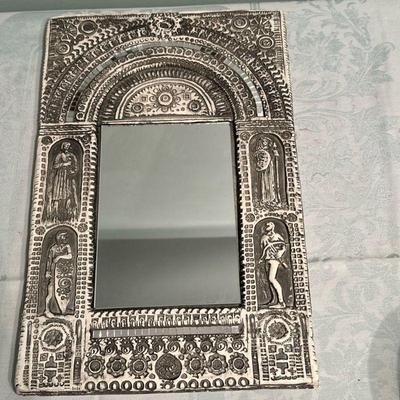 Relief Art Framed Wall Mirror | Vintage tole/metal relief art framed mirror with designs of historical figures. - h. 16.5 x w. 11 in

