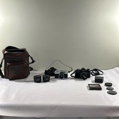 Cameras & Lens | Nikon Minolta camera, Yashica (Japan) camera and two Zykkor lens hoods.

