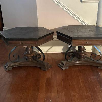 (2pc) Slate Top Low Side Tables | Pair of vintage Spanish Revival style hexagon-shaped stone top side tables with wood base and metal...