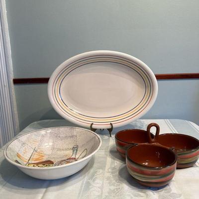 (3pc) Crate & Barrel Dish & Other Platters | Crate & Barrel three-compartment serving dish with handle, an unbranded oval...