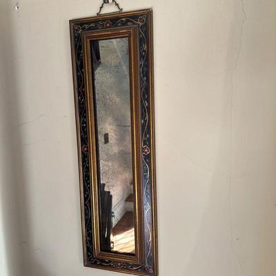 Floral Motif Wall Mirror | Vintage framed mirror with hand-painted floral motifs along the frame. - h. 29 x w. 9.5 in

