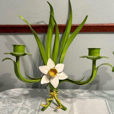 (2pc) Daffodil-Shaped Candlestick Holders | Pair of hand-painted tole/metal daffodil-shaped candlestick holders. - h. 13 x w. 10 x d. 4 in

