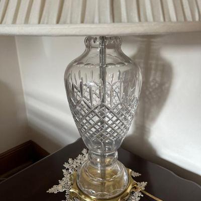 (2pc) Crystal Base Table Lamps | Pair of crystal base table lamps with pleated shades.

