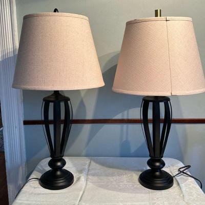 (2pc) Metal Table Lamps | Pair of metal table lamps, likely from newer Ashley Furniture "Mildred" collection. - h. 29 in

