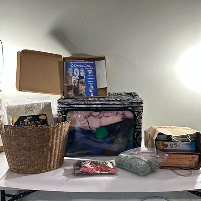 Crafts Supplies & Yarn | Assorted crafts including zippered bin of yarn and basket.

