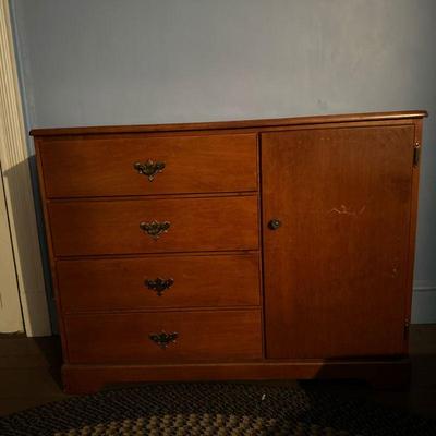 Pinewood Cabinet/Drawers | Mid-century modern pinewood cabinet with four drawers, one cupboard and original hardware. - h. 34 x w. 44.5 x...