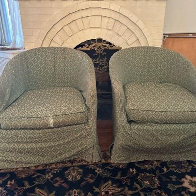 (2pc) Swivel Slip-Covered Armchairs | Pair of swivel/rocking seat, slip-covered armchairs. Seat height: 16"H - h. 28 x w. 27.5 x d....