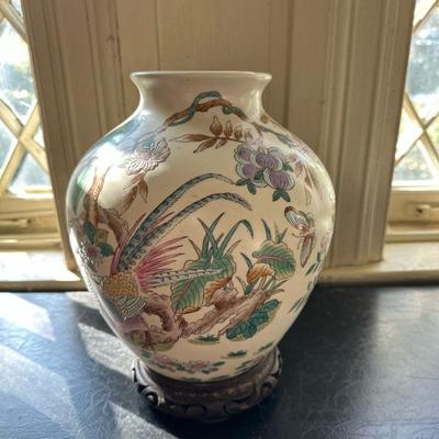Chinoiserie Vase | Vintage hand-painted enameled chinoiserie vase featuring pheasant birds; includes wooden stand. - h. 13 x w. 9 in

