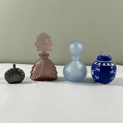(4pc) Vanity Items & Bottles | Assortment of vanity items and bottles for perfume, etc. - h. 4.5 x w. 2.5 in

