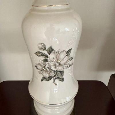 Magnolia Porcelain Table Lamps | Pair of vintage magnolia floral porcelain table lamps. - h. 31 x w. 6 in (top of shade)

