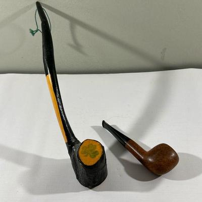 (2pc) Tobacco Pipe & Pipe Decor | Pair of vintage tobacco pipes; One is an actual pipe and one is a faux pipe/decorative (Irish) - h....