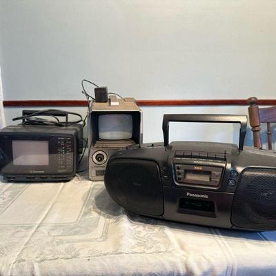 (3pc) Portable Televisions & Stereos | Vintage electronics including Emerson 5" portable AC/DC color television, Emerson V-10...