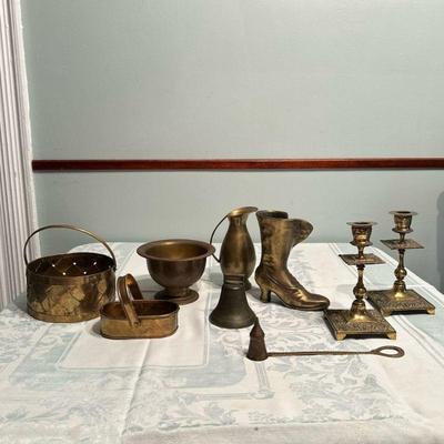 (9pc) Brass & Metal Decor | Assortment of brass and metal decor including candlestick holders, buckets, etc.


