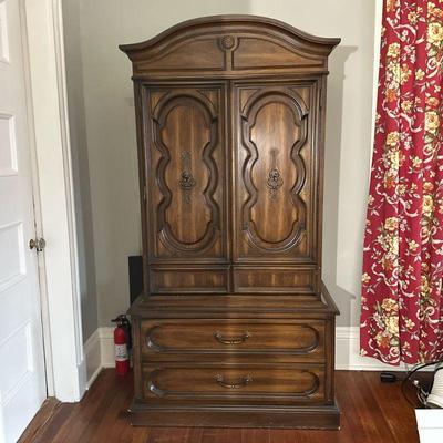 Carved Mahogany Armoire | Vintage mahogany armoire with carved doors, two large bottom drawers, 3 smaller drawers behind doors. - h. 74 x...
