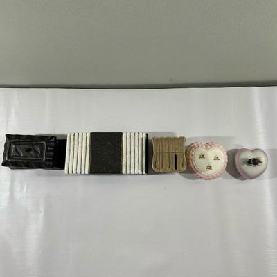 (5pc) Trinket Boxes & Piggy Bank | Collection of trinket boxes and a money-shaped piggy bank. - h. 3 x w. 8 in

