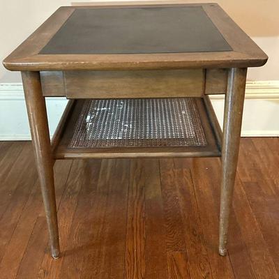 Slate Top Side Table With Rattan Shelf | Mid-century modern slate top side table with lower rattan shelf and single drawer. - h. 22 x w....