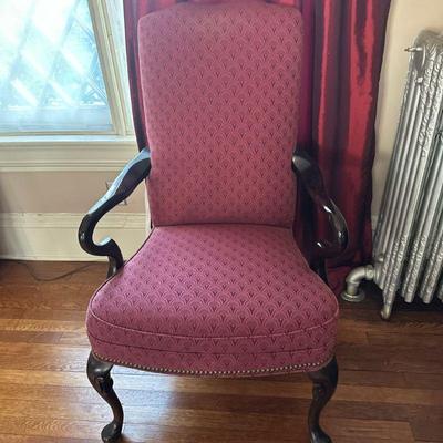 Gooseneck Style Armchair | Vintage mahogany gooseneck style armchair with red upholstery. - h. 42 x w. 52 x d. 25.5 in

