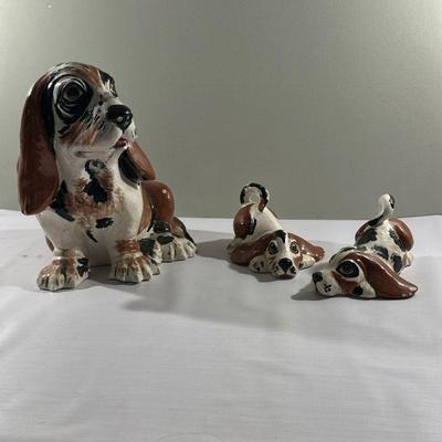 (3pc) Figurines - Basset Hounds | Vintage hand-painted ceramic basset hound dog and puppies figurines. - h. 12 x w. 10 in

